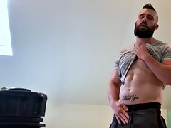 Bearded hunk fingering ass while jerking off for cum in solo