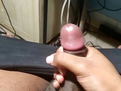 Chubby uncircumcised BBC blows load on his own stomach