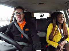Busty black woman in the car publicly fucks with the instructor