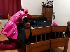 Sissy Maid Collared to Bed Post in Armbinder Self Bondage